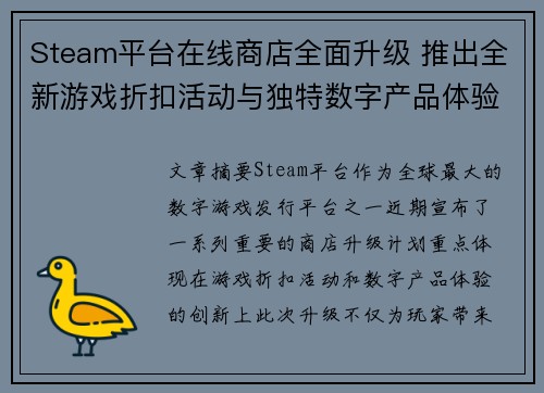 Steam平台在线商店全面升级 推出全新游戏折扣活动与独特数字产品体验 Steam平台在线商店全面升级 推出全新游戏折扣活动与独特数字产品体验